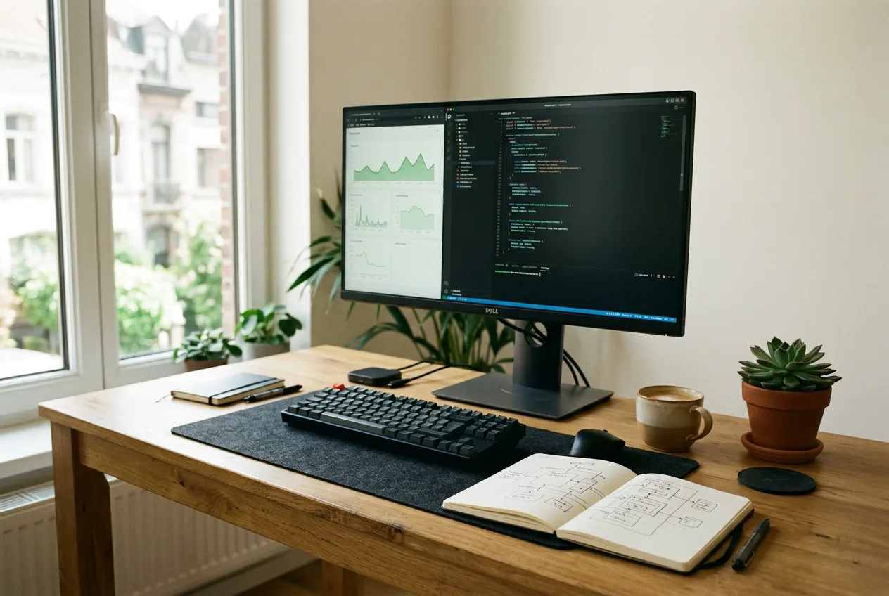 Een developerswerkplek met een dashboard, code en een met de hand geschetst architectuurdiagram